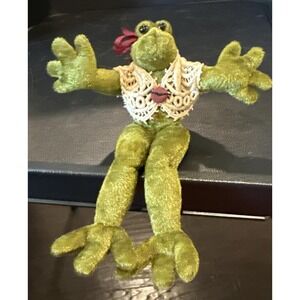 Vintage 1997 Green Frog‎ Shelf Sitter Plush Animal Signed Crochet Vest 6" Tall
